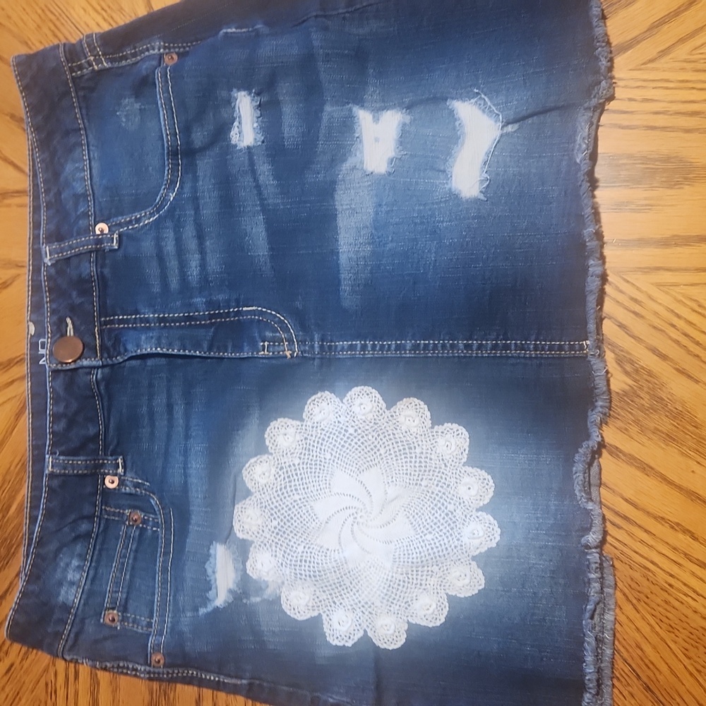 Denim Skirt distressed with crochet patch